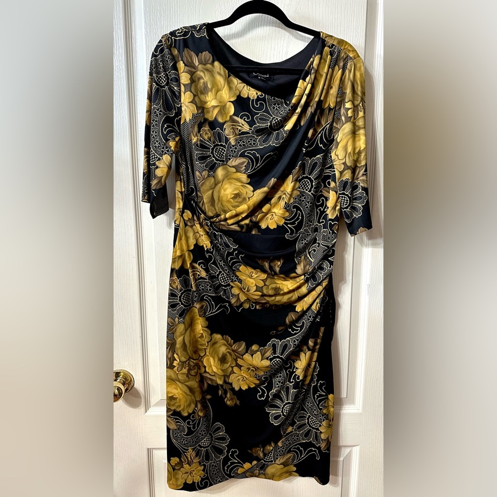 Connected Apparel Black and Gold Floral Dress